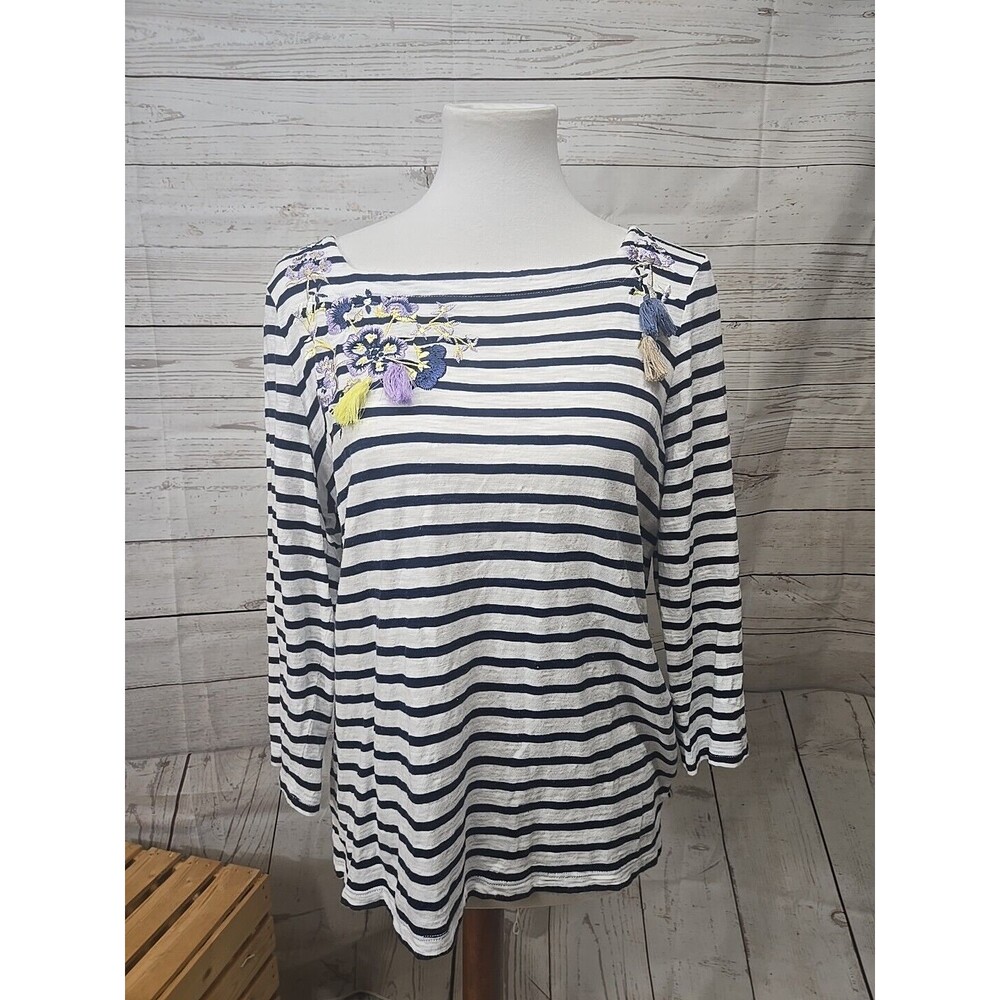 Chico's Size 2 US L 12 Petite Floral Embroidered Tassel Navy White Stripe Top